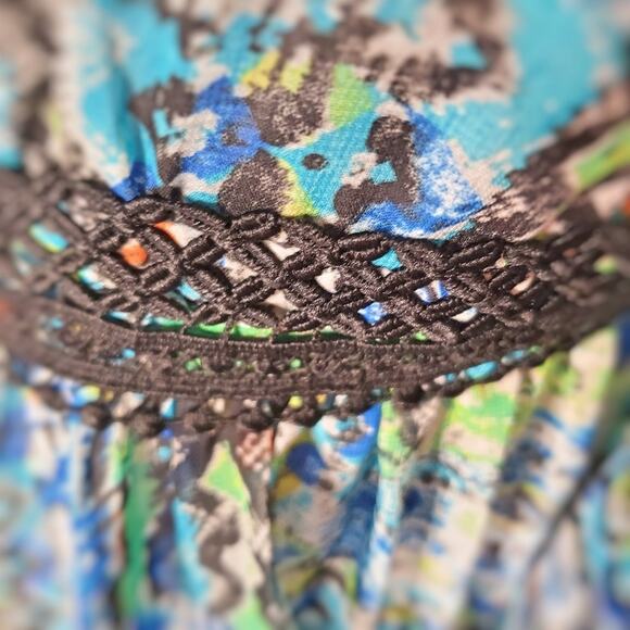 Betsey Johnson Gypset Watercolor Print Crochet trim Boho Chiffon dress size 6 - Picture 5 of 13